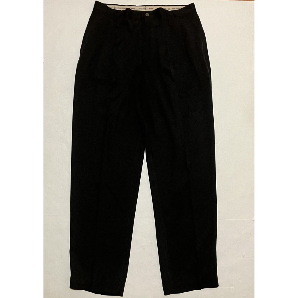 TOMMY BAHAMA Dress Slacks Men Size 35 X 32.5 Black Regular Fit 100% Silk Pleated